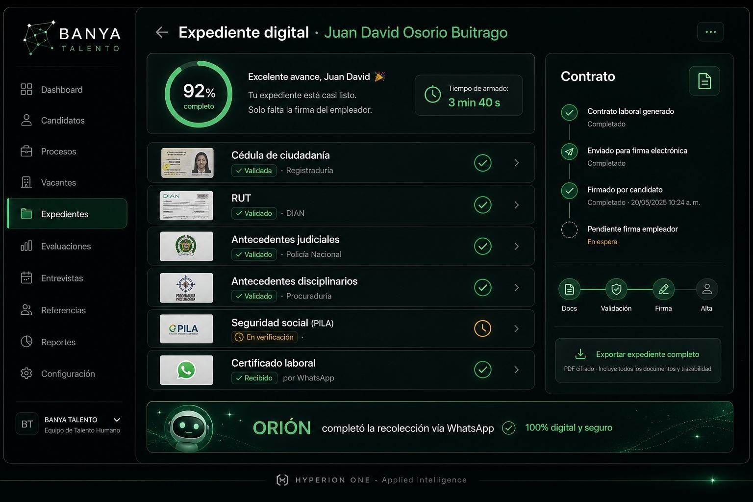Expediente digital de contratación con checklist de documentos validados y estado de firma del contrato.