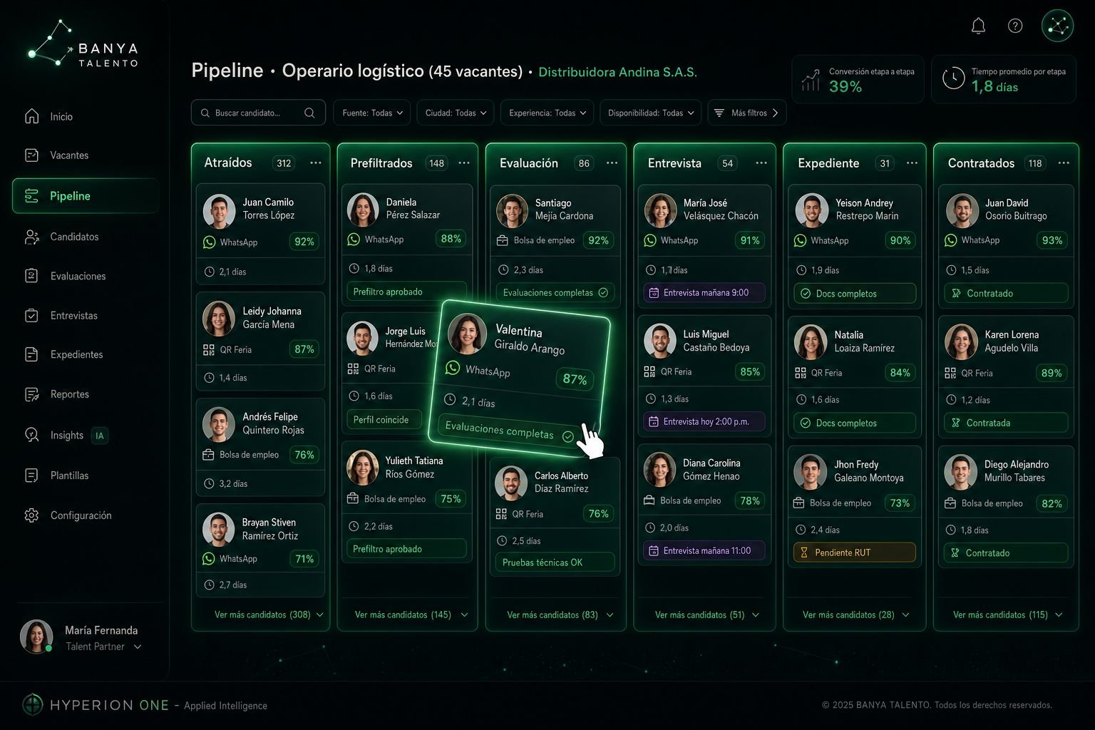 Pipeline Kanban de candidatos con seis columnas de proceso y avance automático entre etapas.